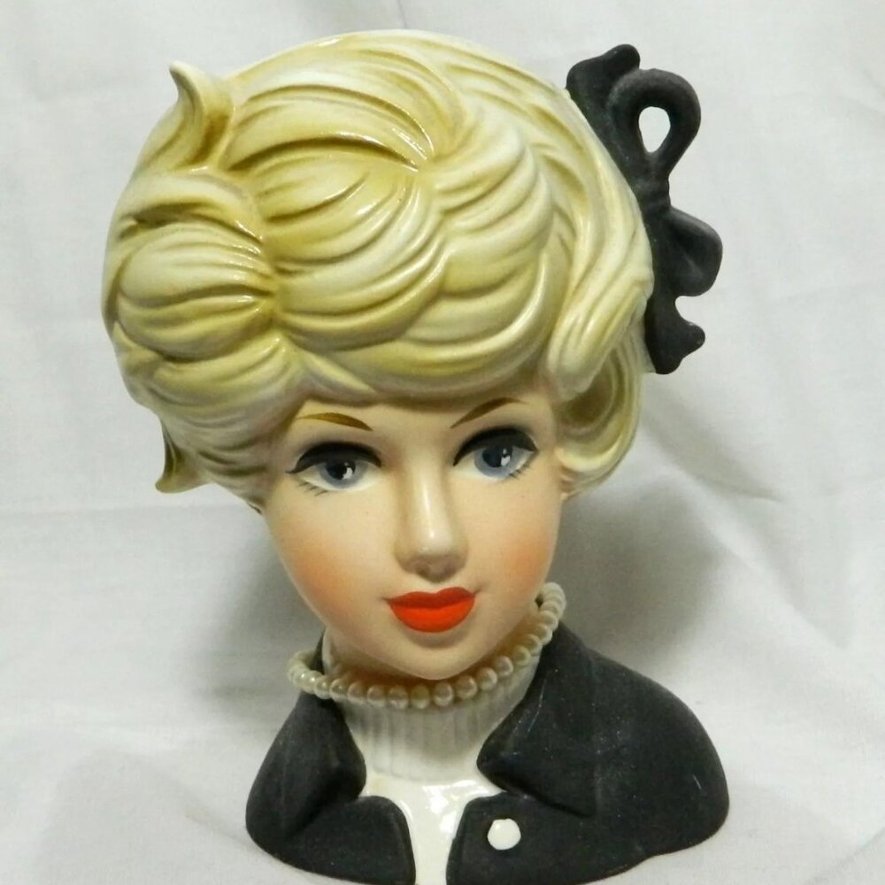 Napcoware 8496 Headvase Head Vase Blonde Wearing Black with Pearls!